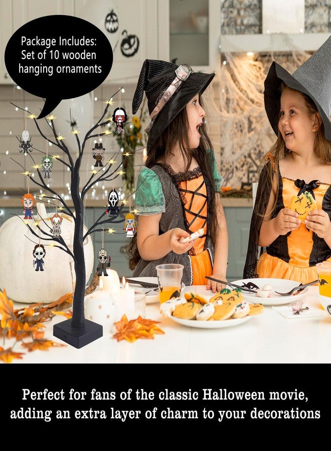 BIGSPINACH Black Halloween Tree with LED Lights and Spooky Wooden Hanging Ornaments Horror Movie Ornaments, Light Up Halloween Decor - Image 2